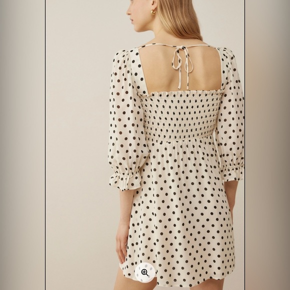 Reformation Zaria Smocked Bodice Polka Dot Mini Dress - Picture 2 of 6